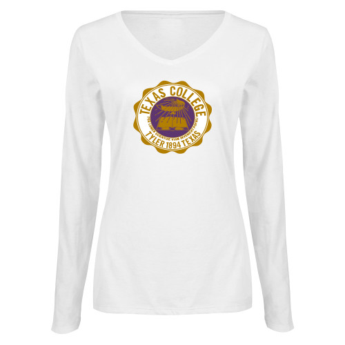  Womens White Long Sleeve V Neck Tee - Seal