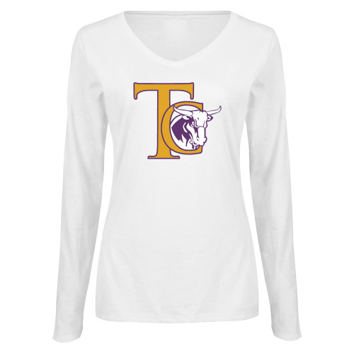  Womens White Long Sleeve V Neck Tee - TC