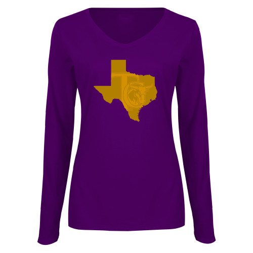  Womens Purple Long Sleeve V Neck Tee  - Tonal Texas