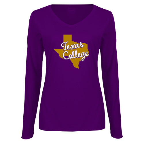 Womens Purple Long Sleeve V Neck Tee  - Texas College Script