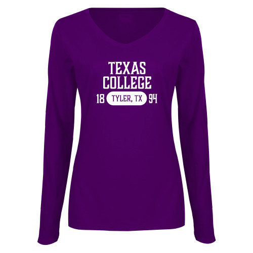  Womens Purple Long Sleeve V Neck Tee  - Texas College Established Date