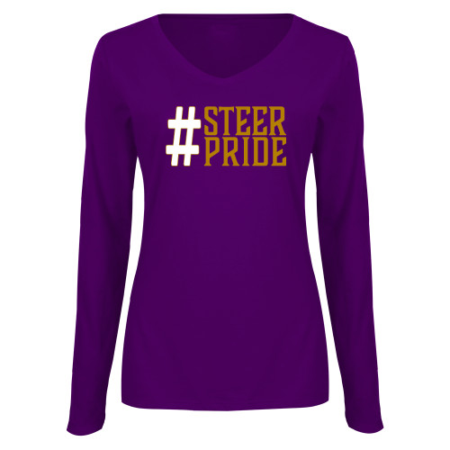  Womens Purple Long Sleeve V Neck Tee  - Hashtag Steer Pride