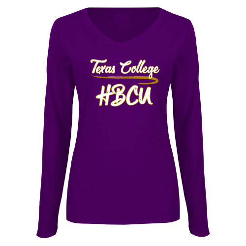  Womens Purple Long Sleeve V Neck Tee  - TC HBCU Script