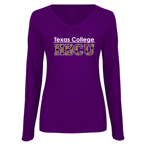  Womens Purple Long Sleeve V Neck Tee  - TC HBCU Kente Pattern