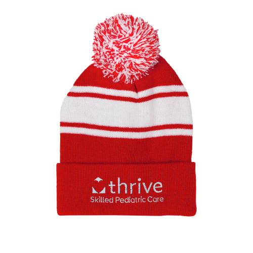 Red/White Two Tone Knit Pom Beanie w/Cuff-Skilled Pediatric Care