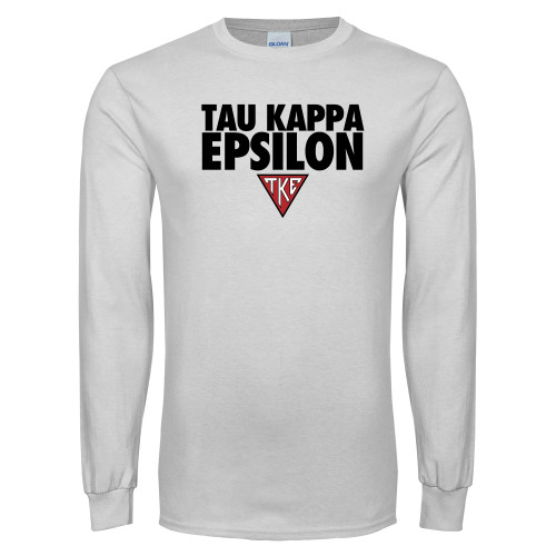 White Long Sleeve T Shirt-Tau Kappa Epsilon Stacked w/ Houseplate