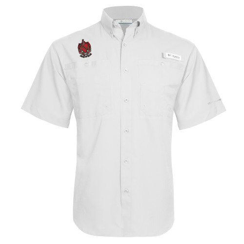 Columbia White Tamiami Performance Short Sleeve Shirt-Coat of Arms