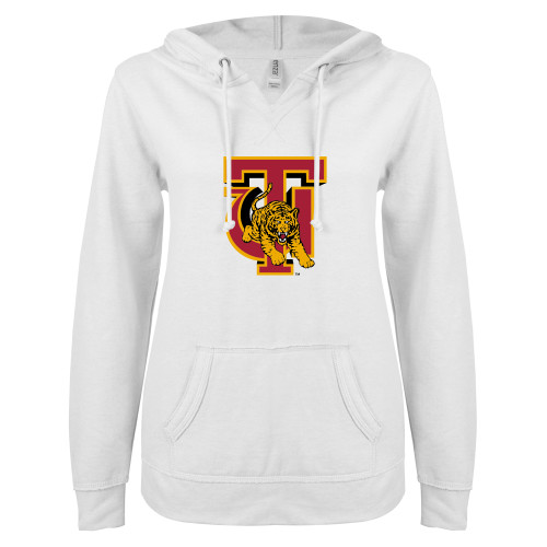 Tuskegee ENZA Womens White V Notch Raw Edge Fleece Hoodie