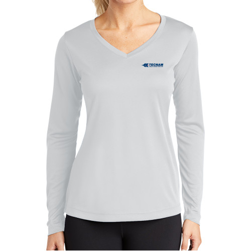 Womens White Performance Long Sleeve V Neck Shirt-TECNAM Primary Logo