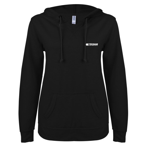 ENZA Womens Black V Notch Raw Edge Fleece Hoodie-TECNAM Primary Logo