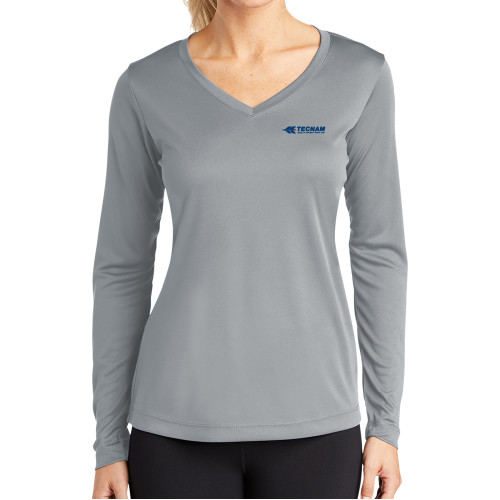 Womens Grey Performance Long Sleeve V Neck Shirt-TECNAM Primary Logo