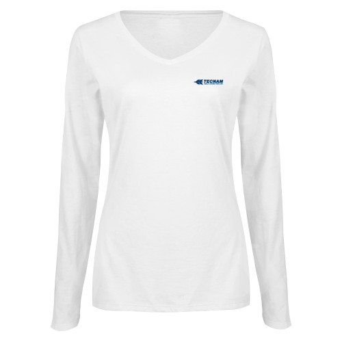 Womens White Long Sleeve V Neck Tee-TECNAM Primary Logo