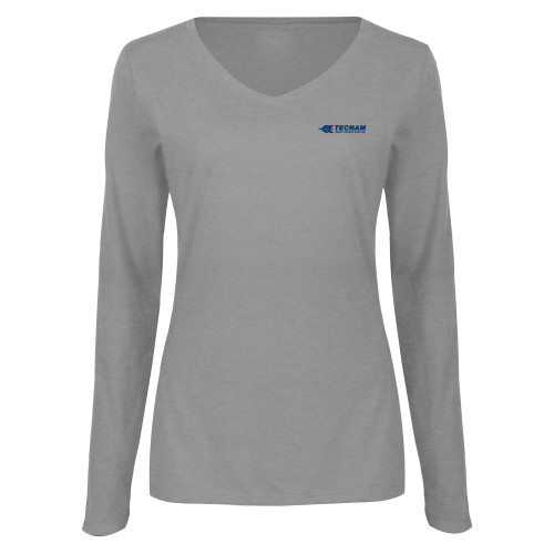 Womens Grey Long Sleeve V Neck Tee -TECNAM Primary Logo