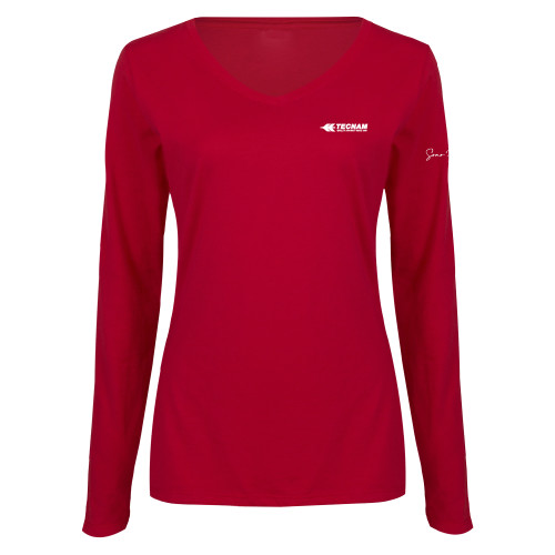 Womens Cardinal Long Sleeve V Neck Tee -TECNAM Primary Logo