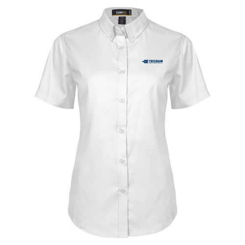 Womens White Twill Button Up Short Sleeve-TECNAM Primary Logo
