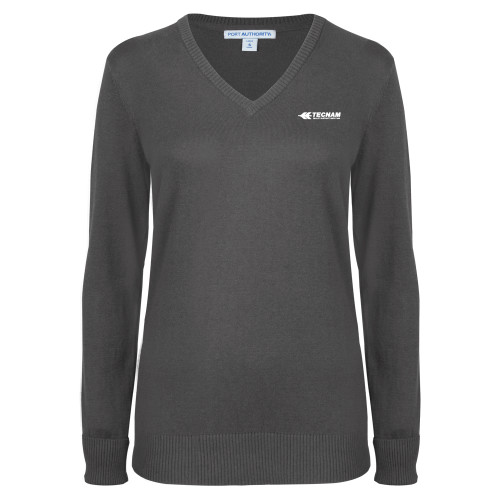 Womens Charcoal Heather VNeck Sweater-TECNAM Primary Logo
