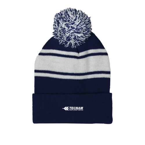 Navy/White Two Tone Knit Pom Beanie w/Cuff-TECNAM Primary Logo