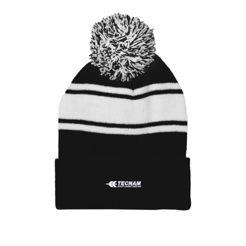 Black/White Two Tone Knit Pom Beanie w/Cuff-TECNAM Primary Logo