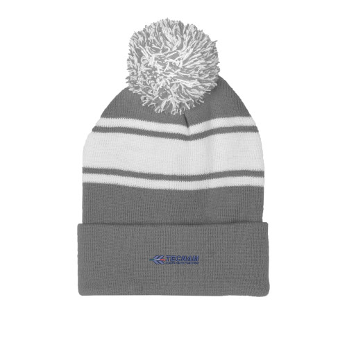 Grey/White Two Tone Knit Pom Beanie w/Cuff-TECNAM Primary Logo