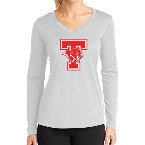  Womens White Performance Long Sleeve V Neck Shirt - T Cougar