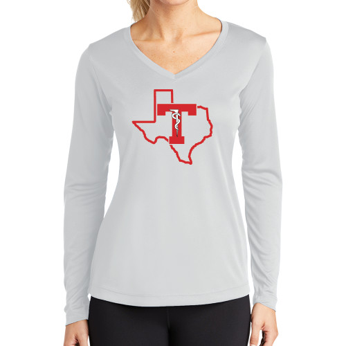  Womens White Performance Long Sleeve V Neck Shirt - Athletics Training