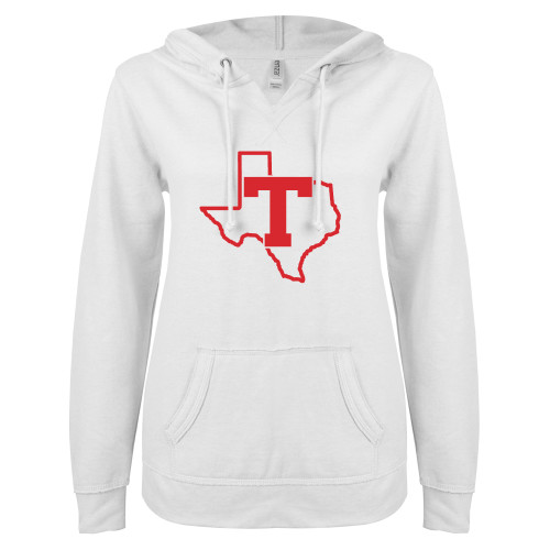  ENZA Womens White V Notch Raw Edge Fleece Hoodie - T Texas