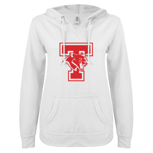  ENZA Womens White V Notch Raw Edge Fleece Hoodie - T Cougar