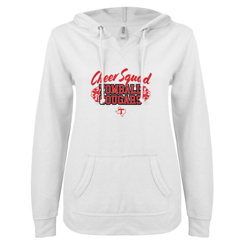  ENZA Womens White V Notch Raw Edge Fleece Hoodie - Tomball Cougars Football Mom