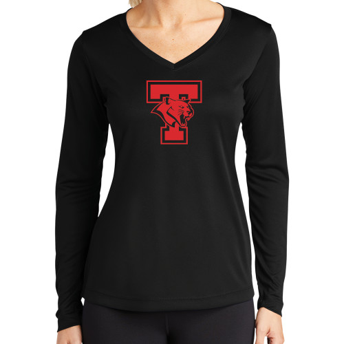  Womens Black Performance Long Sleeve V Neck Shirt - T Cougar