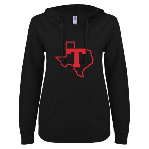  ENZA Womens Black V Notch Raw Edge Fleece Hoodie - T Texas