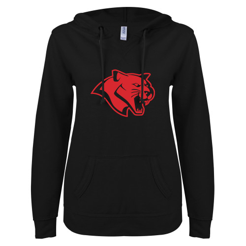  ENZA Womens Black V Notch Raw Edge Fleece Hoodie - Cougar