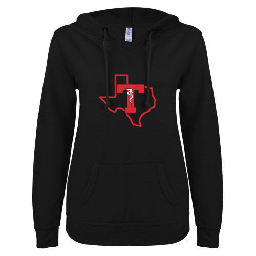  ENZA Womens Black V Notch Raw Edge Fleece Hoodie - Athletics Training