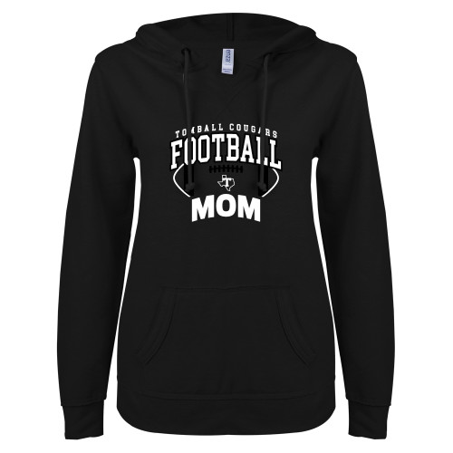  ENZA Womens Black V Notch Raw Edge Fleece Hoodie - Tomball Cougars Football Mom