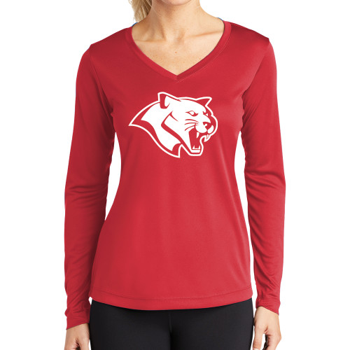  Womens Red Performance Long Sleeve V Neck Shirt - Cougar