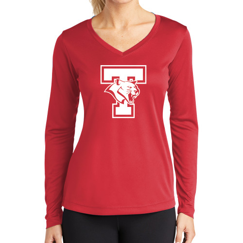  Womens Red Performance Long Sleeve V Neck Shirt - T Cougar