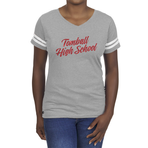  Fall Rush Ladies Athletic Grey 60/40 Football Tee - N Red Glitter