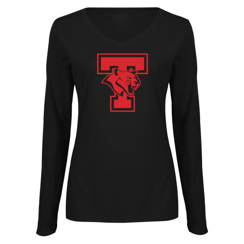  Womens Black Long Sleeve V Neck Tee  - T Cougar