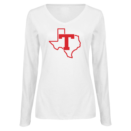  Womens White Long Sleeve V Neck Tee - T Texas
