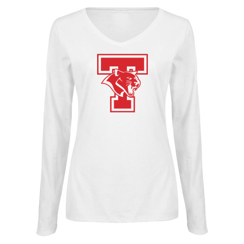  Womens White Long Sleeve V Neck Tee - T Cougar