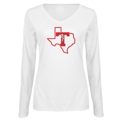  Womens White Long Sleeve V Neck Tee - Athletics Training