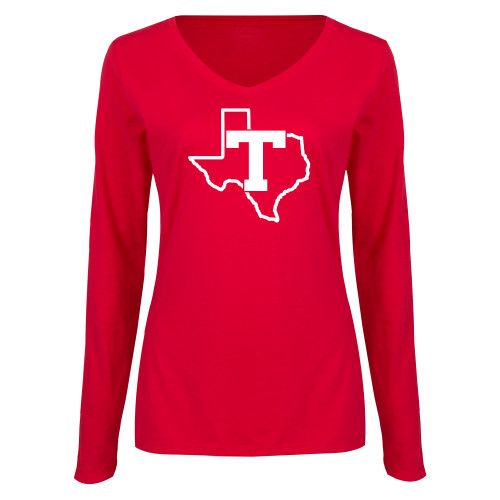  Womens Red Long Sleeve V Neck Tee - T Texas