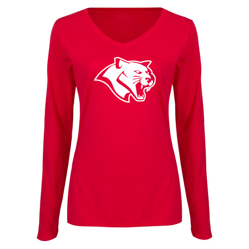  Womens Red Long Sleeve V Neck Tee - Cougar