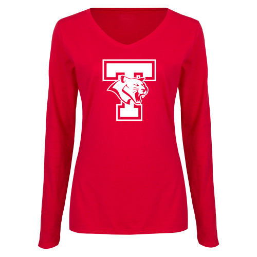  Womens Red Long Sleeve V Neck Tee - T Cougar