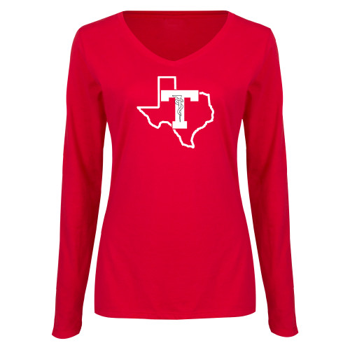  Womens Red Long Sleeve V Neck Tee - Athletics Training