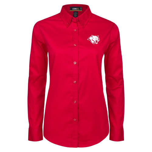  Womens Red Twill Button Down Long Sleeve  - Cougar