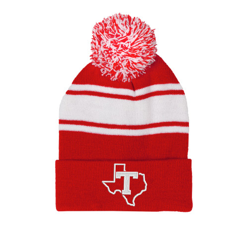  Red/White Two Tone Knit Pom Beanie w/Cuff - T Texas
