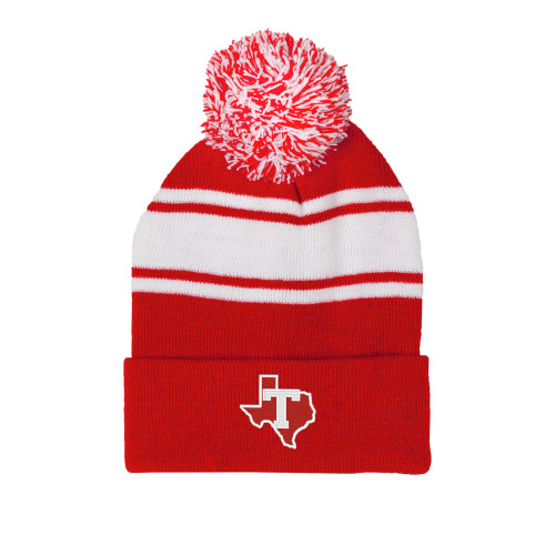  Red/White Two Tone Knit Pom Beanie w/Cuff - T Texas