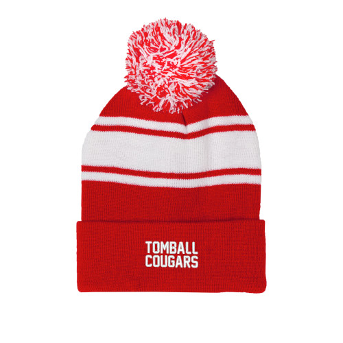  Red/White Two Tone Knit Pom Beanie w/Cuff - Tomball Cougars