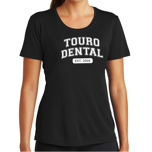  Womens Black Performance Tee - Touro Dental Collegiate Arched Est Date