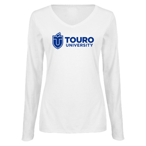  Womens White Long Sleeve V Neck Tee  - Touro University Horizontal